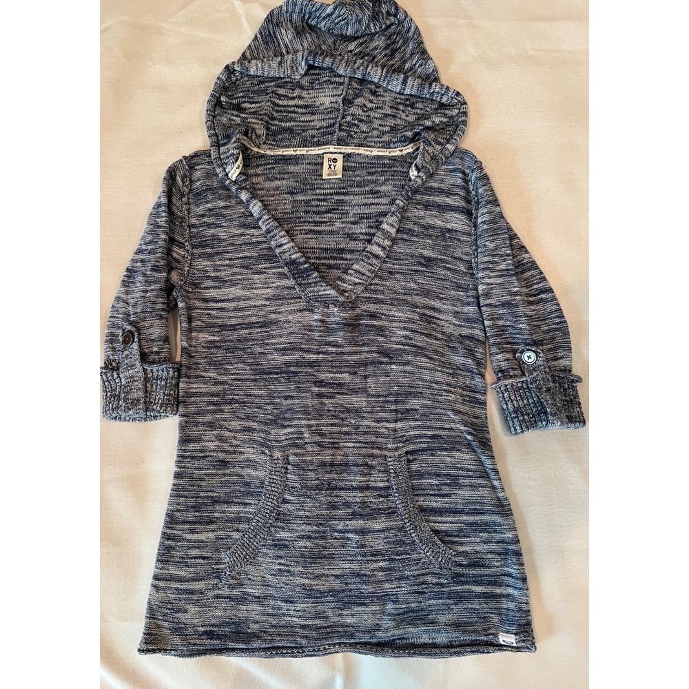 Roxy Blue White Space Dye Knit Hoodie V-Neck Sweater ARJSW03092 Womens Large
